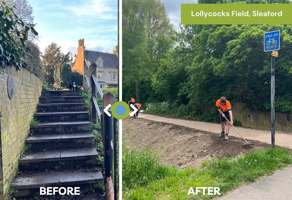 This image shows a before and after of the steps leading to the footpath and being replaced with a ramp